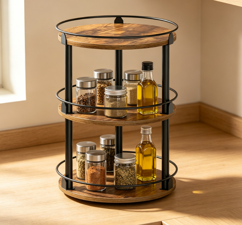 Retro Brown & Black Three-Layer Rotating Condiment Rack